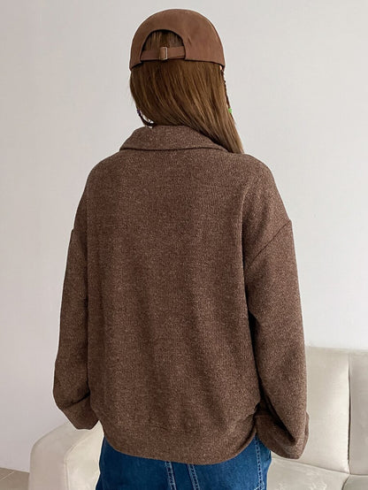 Sylvie Drop Shoulder Half Zip Long Sleeve Sweatshirt - Brown