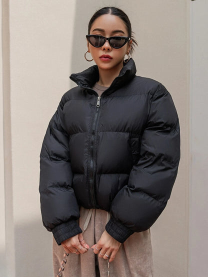 Trondheim Drop Shoulder Cropped Puffer Jacket with Stand Collar - Black