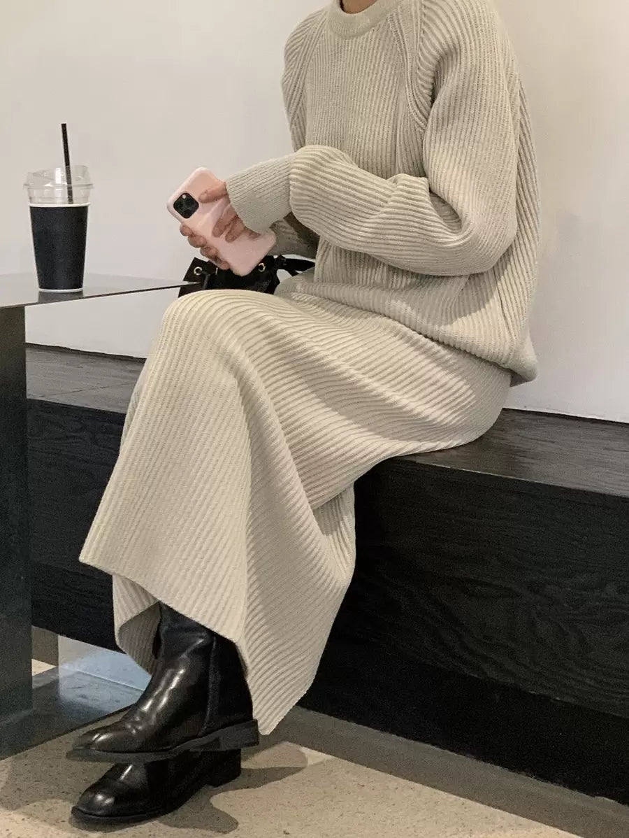 Brienz Raglan Sleeve Sweater and Knit Midi Skirt Set - Khaki