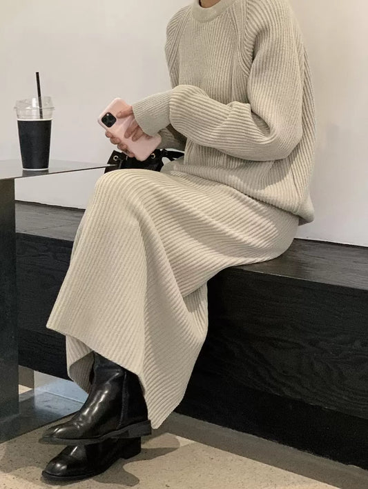 Brienz Raglan Sleeve Sweater and Knit Midi Skirt Set - Khaki