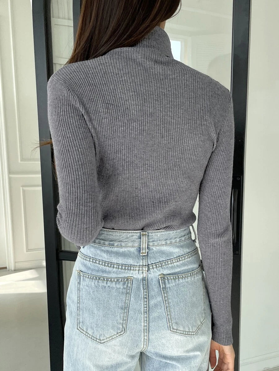 Tamsin Fitted Ribbed Turtleneck Sweater Long Sleeve Pullover - Grey