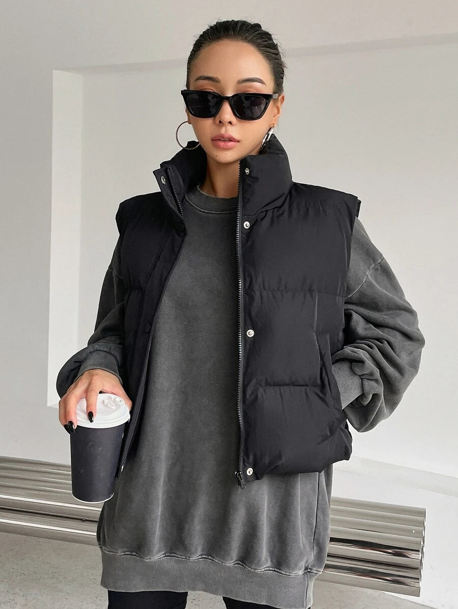 Andermatt Snap Button Zip Up Puffer Vest with Pockets - Black