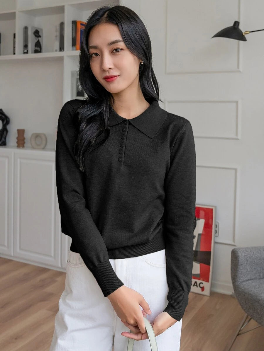 Linnea Solid Polo Button Front Long Sleeve Sweater - Black