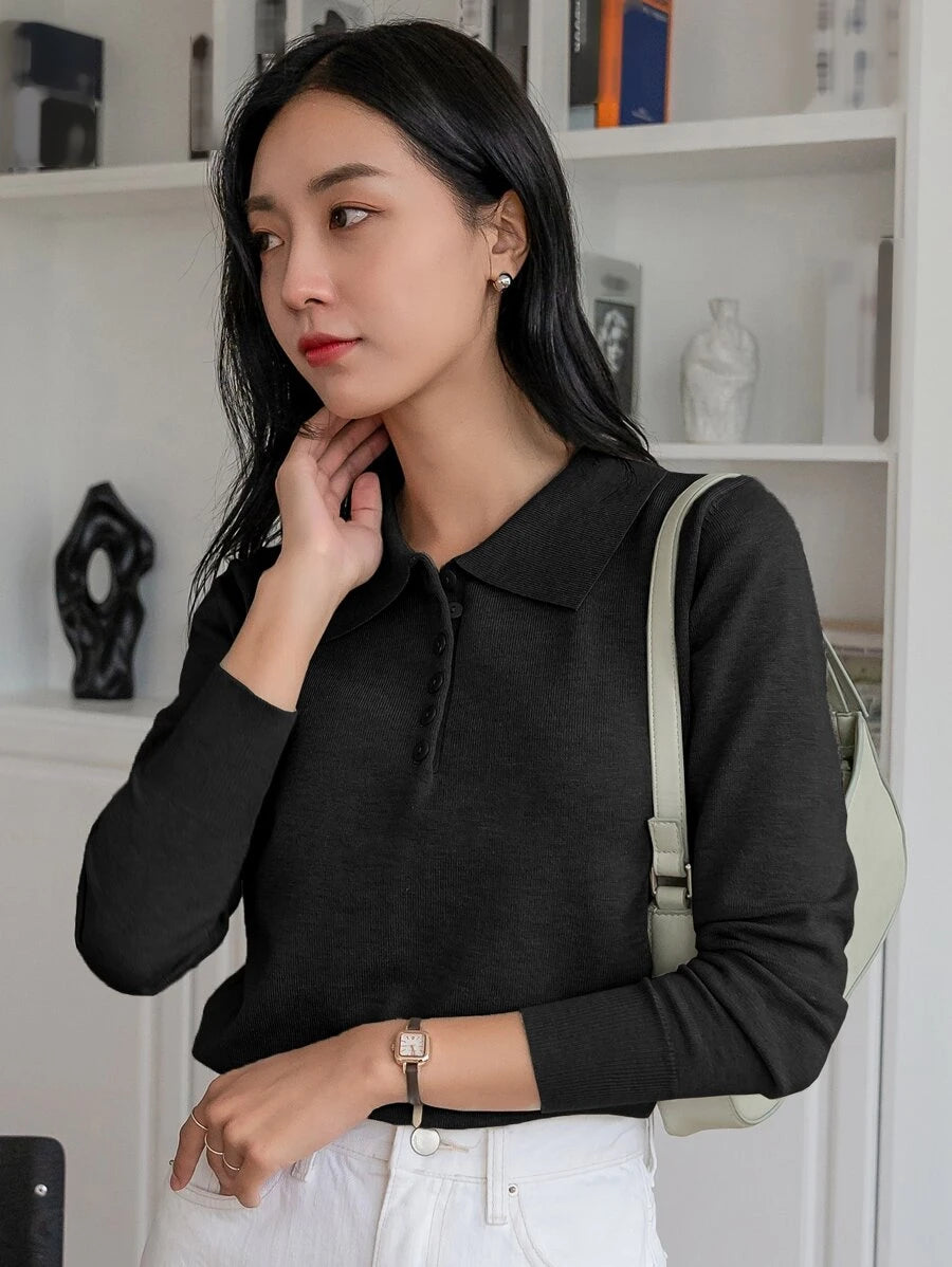 Linnea Solid Polo Button Front Long Sleeve Sweater - Black