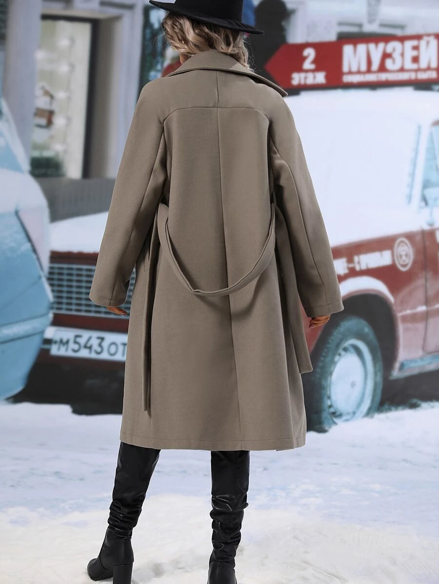 Elspeth Double Breasted Belted Midi Coat with Lapel Collar - Taupe