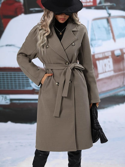 Elspeth Double Breasted Belted Midi Coat with Lapel Collar - Taupe