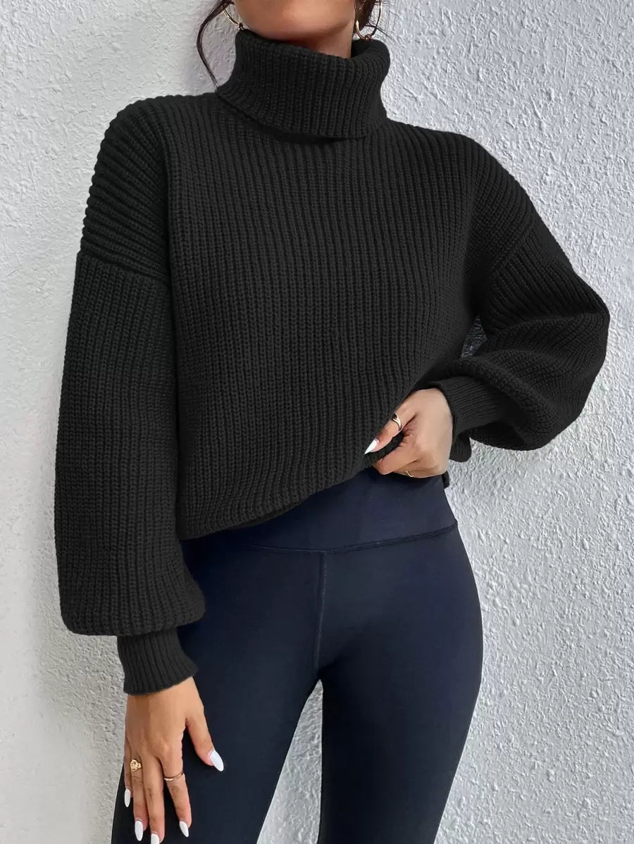 Wilhelmina Rib Knit Turtleneck Drop Shoulder Pullover Sweater - Black