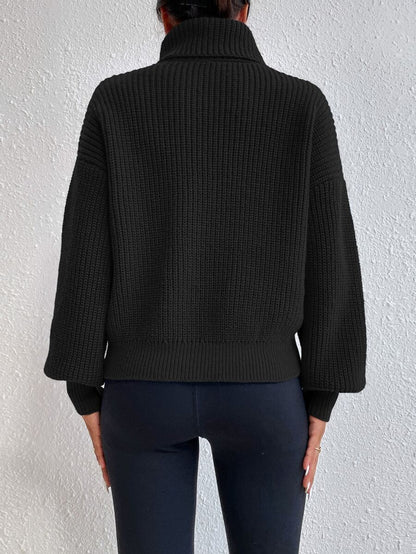 Wilhelmina Rib Knit Turtleneck Drop Shoulder Pullover Sweater - Light Grey