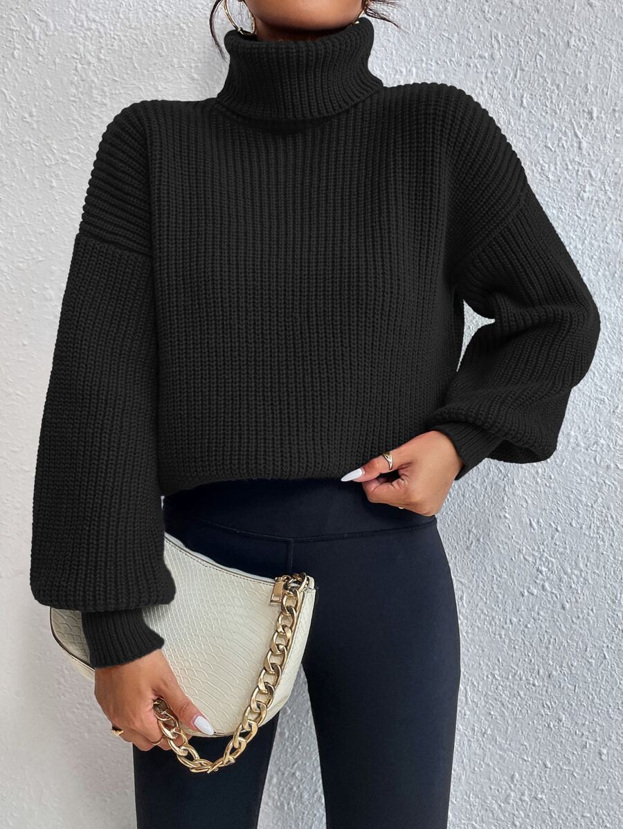 Wilhelmina Rib Knit Turtleneck Drop Shoulder Pullover Sweater - Dark Green
