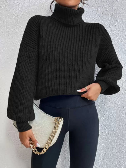 Wilhelmina Rib Knit Turtleneck Drop Shoulder Pullover Sweater - Rose Red