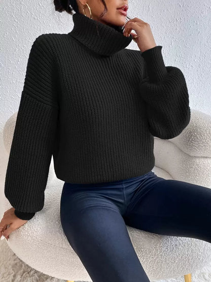 Wilhelmina Rib Knit Turtleneck Drop Shoulder Pullover Sweater - Baby Blue