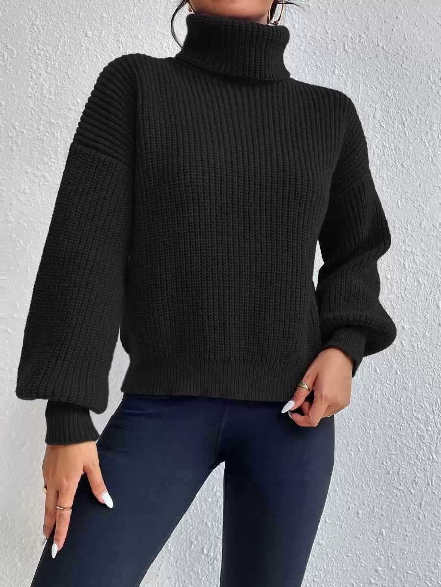 Wilhelmina Rib Knit Turtleneck Drop Shoulder Pullover Sweater - Redwood