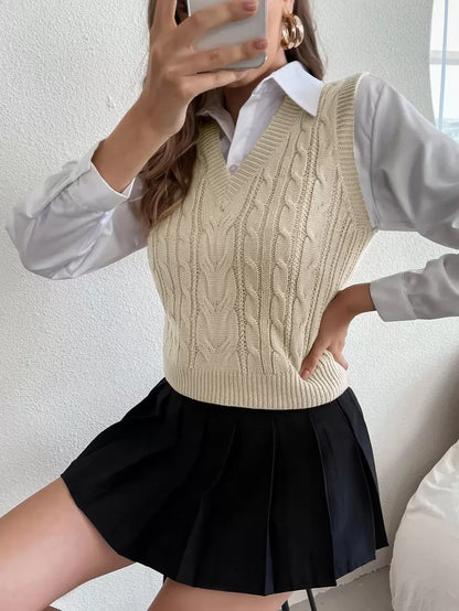 Winifred Classic Cable Knit V-Neck Sleeveless Sweater Vest - Cream