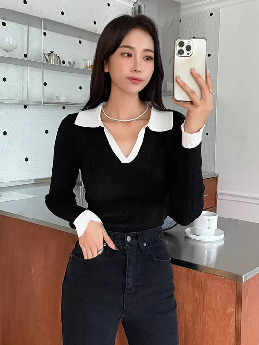 Paloma Color Block Collar Slim Fit Sweater - Black