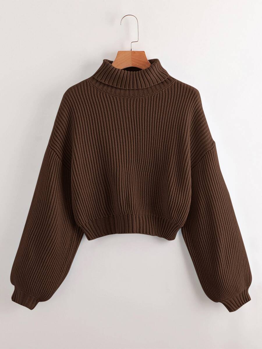 Louisa Ribbed Knit Cropped Turtleneck Pullover Sweater - Coffee Brown
