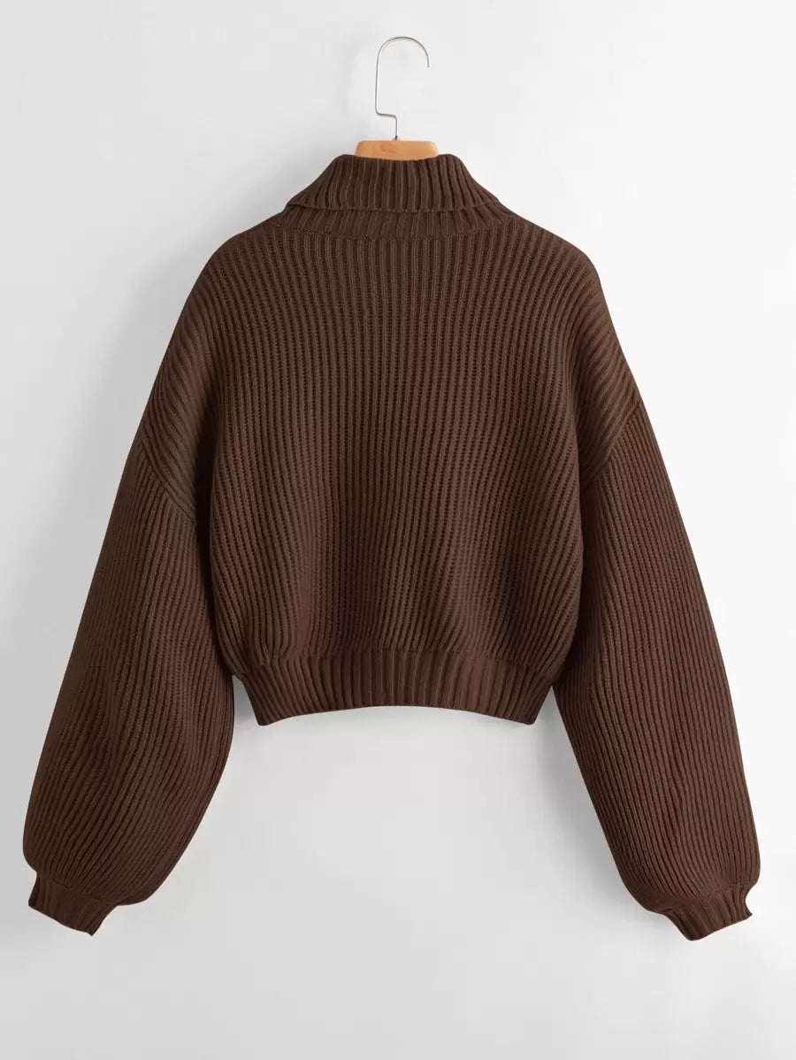 Louisa Ribbed Knit Cropped Turtleneck Pullover Sweater - Coffee Brown