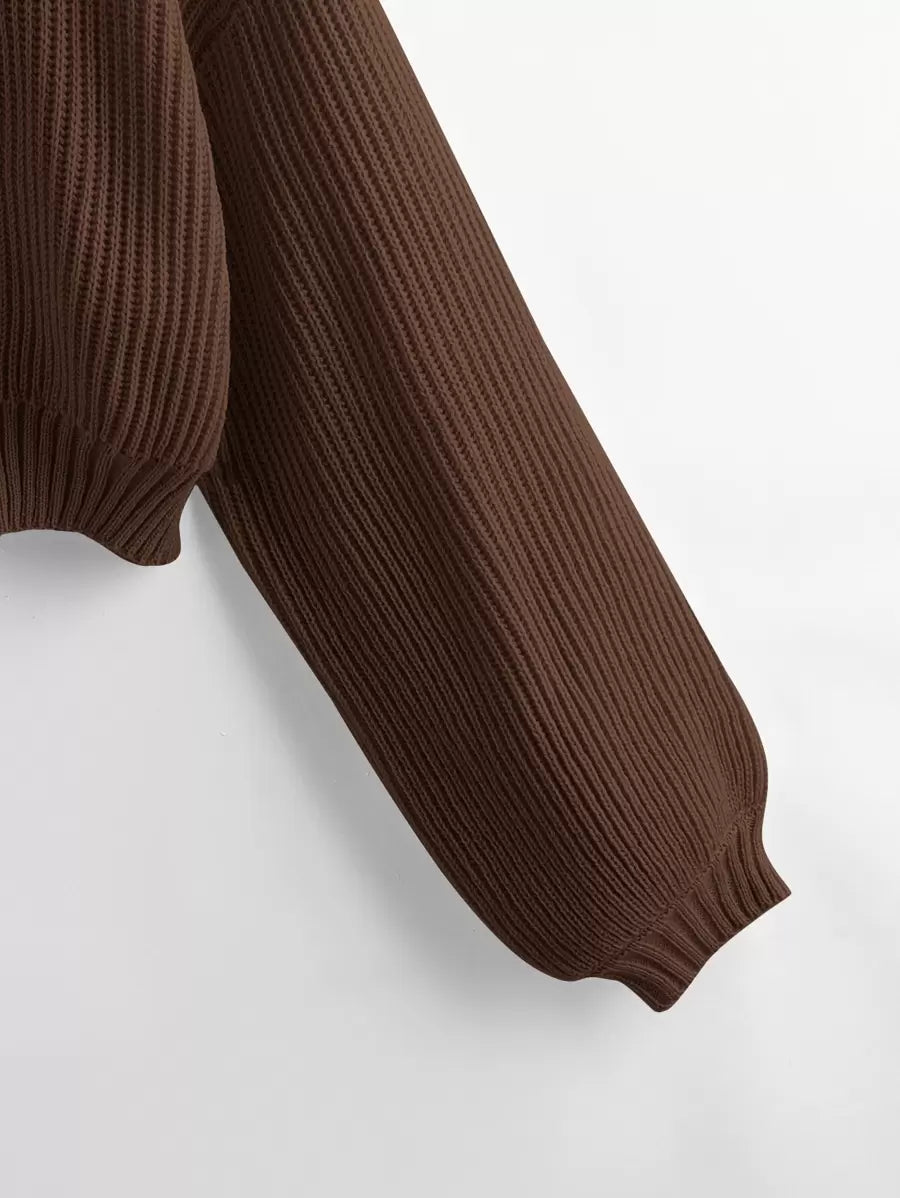 Louisa Ribbed Knit Cropped Turtleneck Pullover Sweater - Coffee Brown