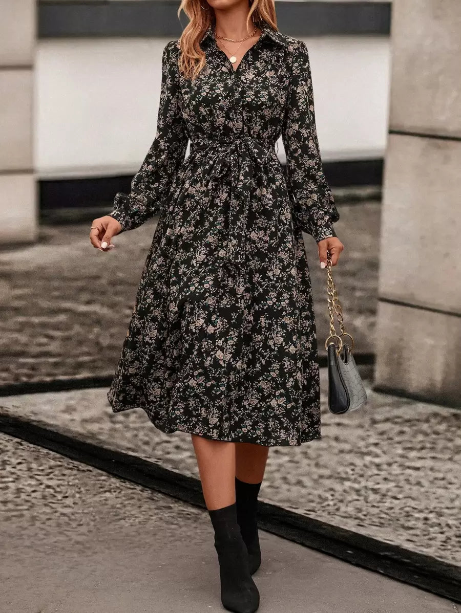 Avignon Floral Print Long Sleeve Belted Midi Shirt Dress - Black Floral