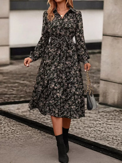 Avignon Floral Print Long Sleeve Belted Midi Shirt Dress - Black Floral
