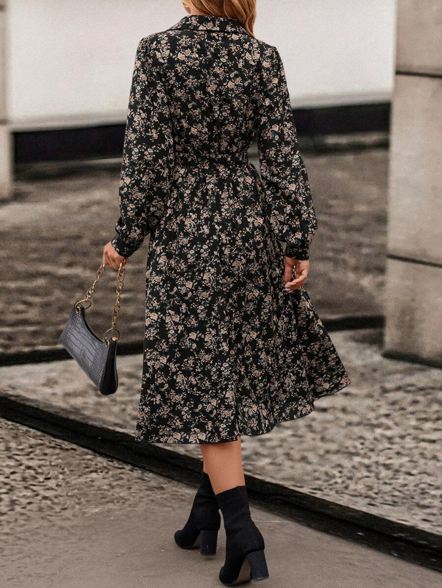 Avignon Floral Print Long Sleeve Belted Midi Shirt Dress