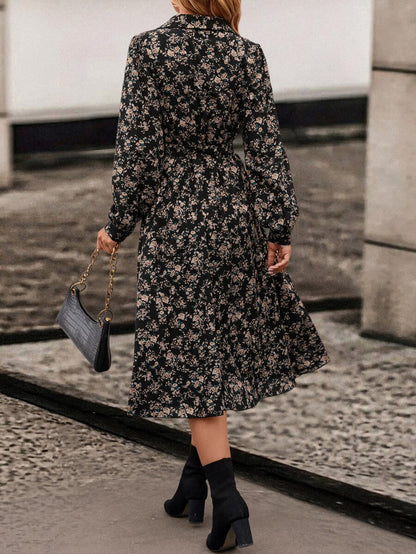 Avignon Floral Print Long Sleeve Belted Midi Shirt Dress