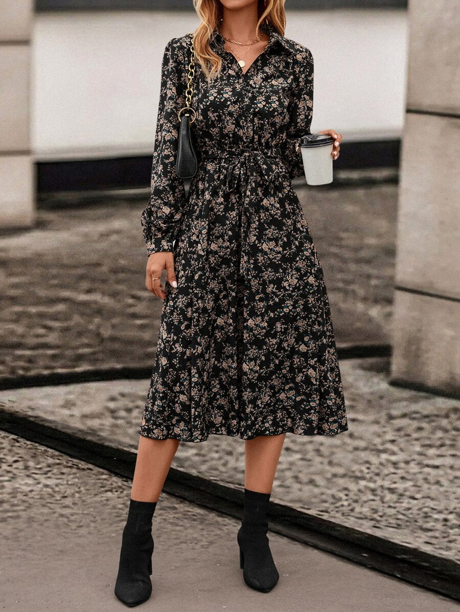 Avignon Floral Print Long Sleeve Belted Midi Shirt Dress