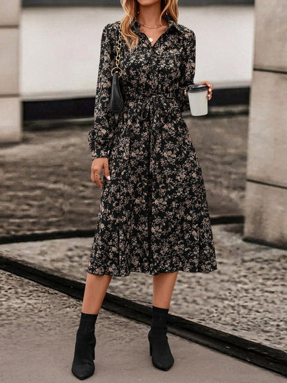 Avignon Floral Print Long Sleeve Belted Midi Shirt Dress