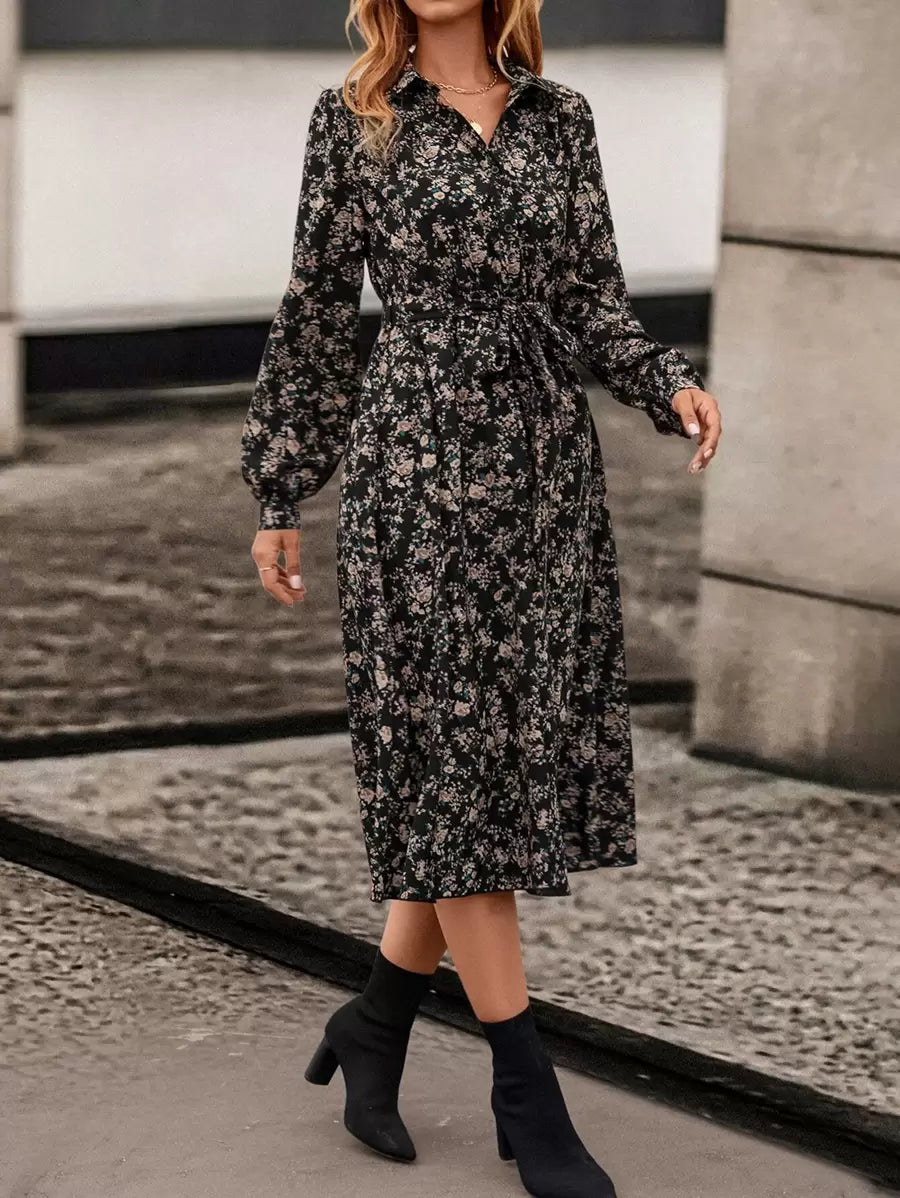 Avignon Floral Print Long Sleeve Belted Midi Shirt Dress