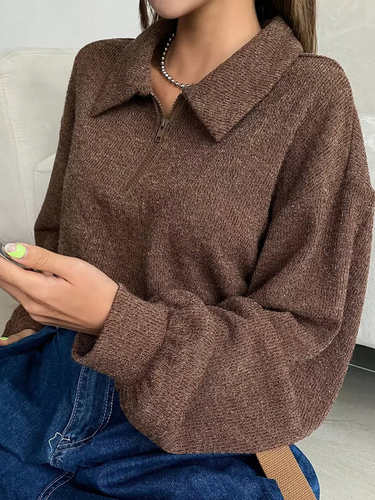 Sylvie Drop Shoulder Half Zip Long Sleeve Sweatshirt - Brown