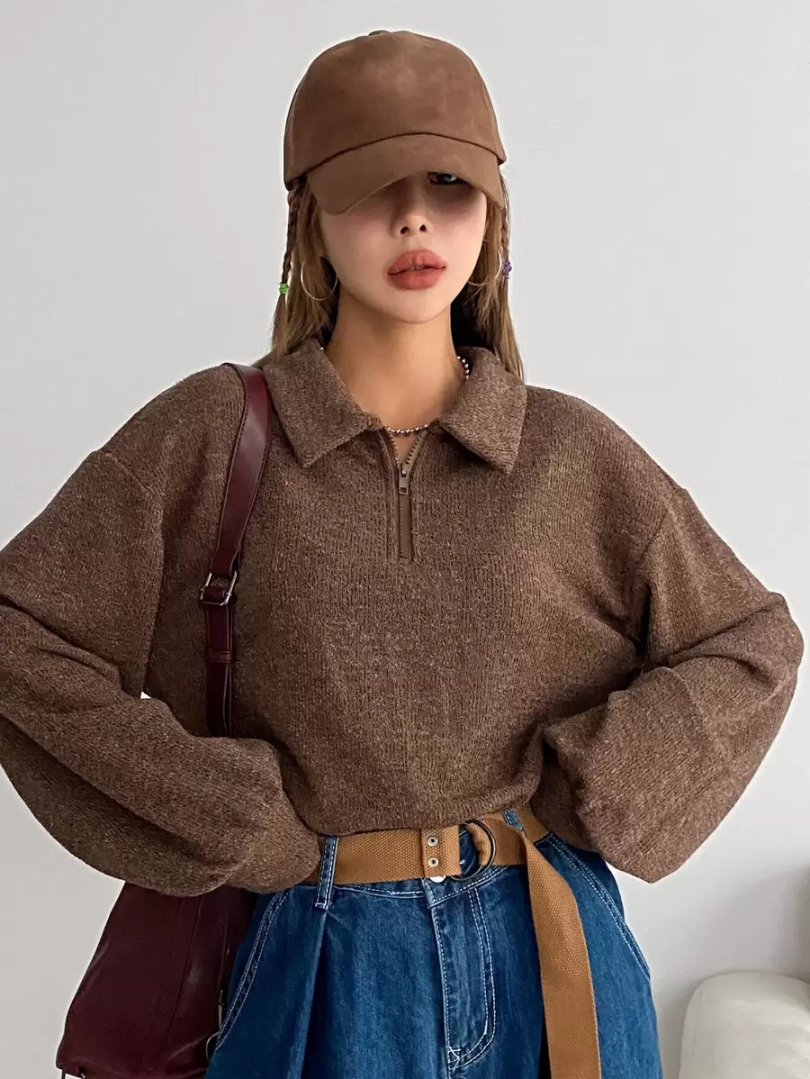 Sylvie Drop Shoulder Half Zip Long Sleeve Sweatshirt - Brown