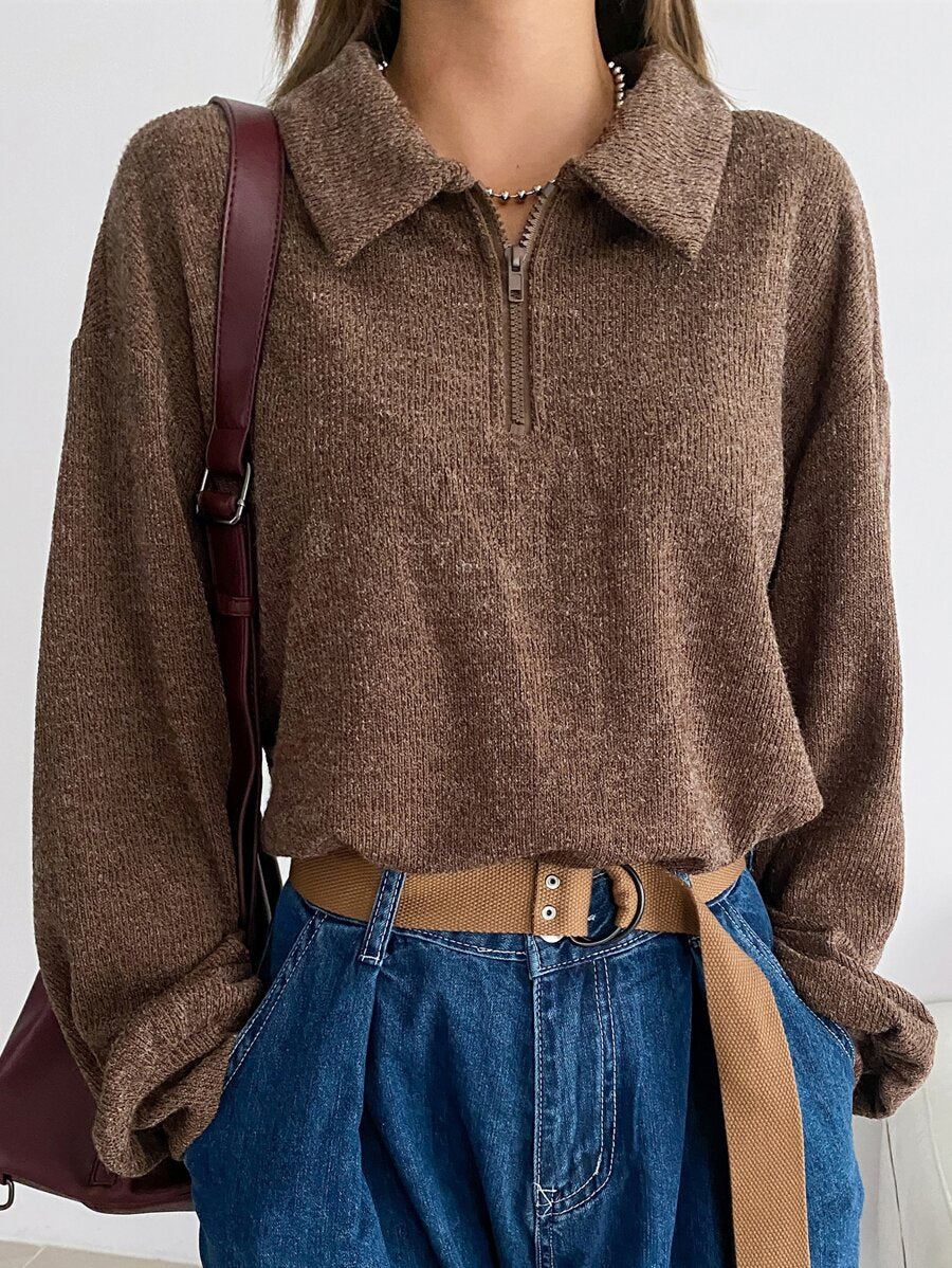 Sylvie Drop Shoulder Half Zip Long Sleeve Sweatshirt - Brown