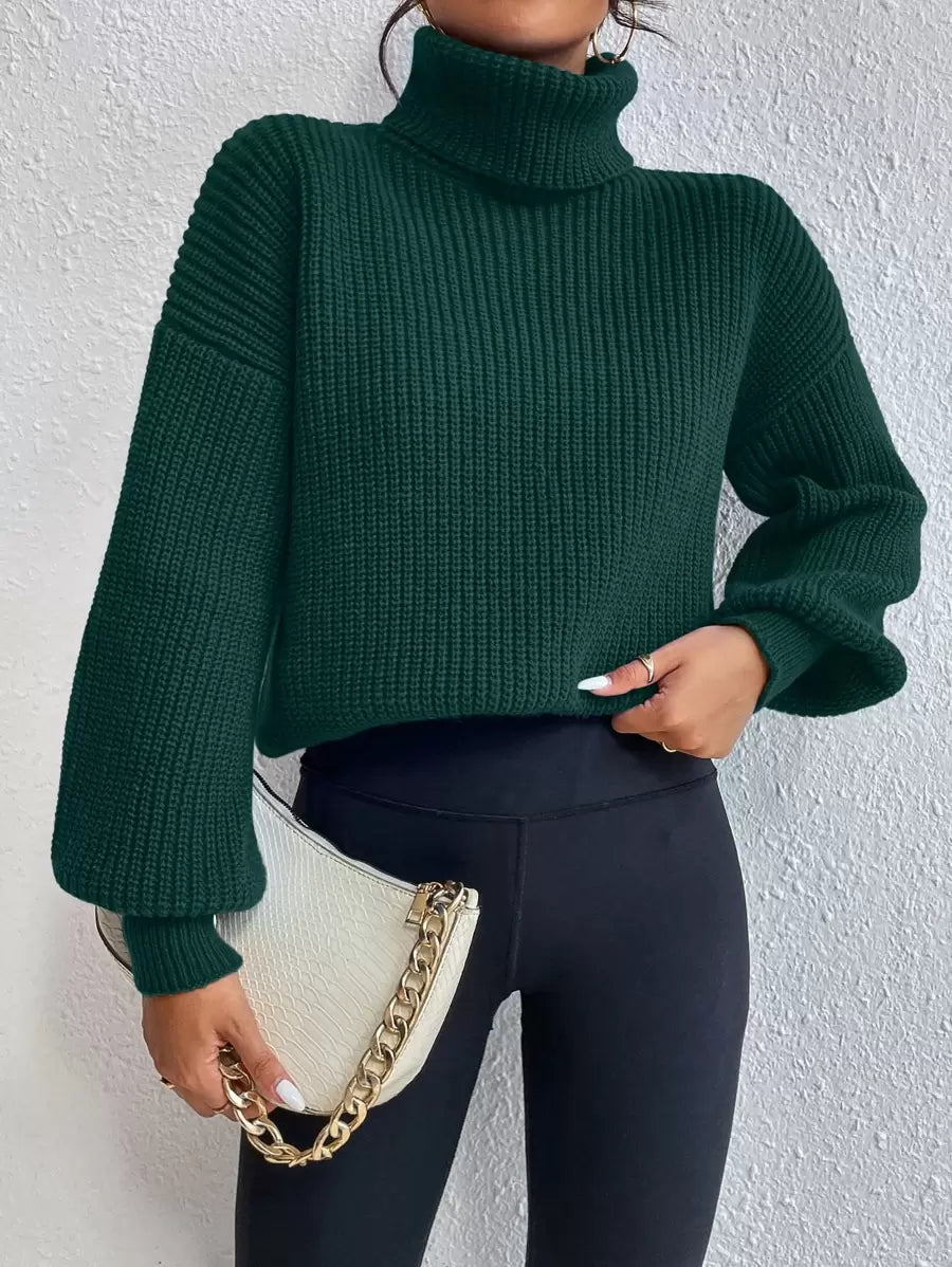 Wilhelmina Rib Knit Turtleneck Drop Shoulder Pullover Sweater - Black