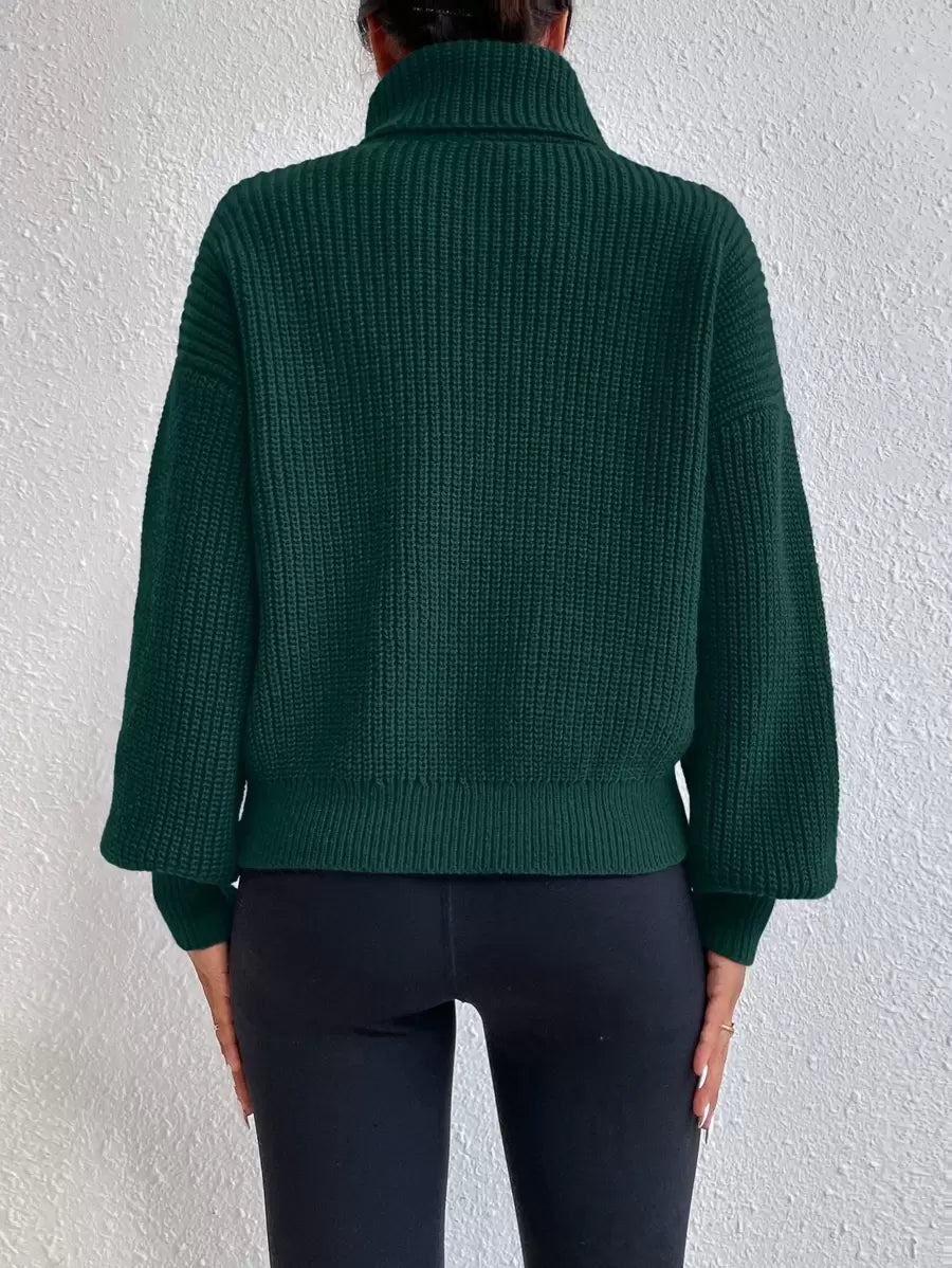 Wilhelmina Rib Knit Turtleneck Drop Shoulder Pullover Sweater - White