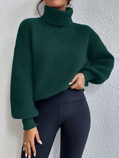 Wilhelmina Rib Knit Turtleneck Drop Shoulder Pullover Sweater - Grey