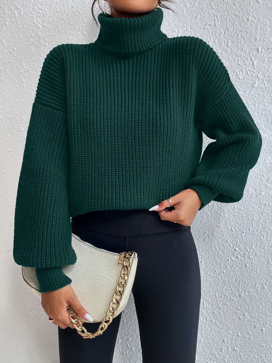 Wilhelmina Rib Knit Turtleneck Drop Shoulder Pullover Sweater - Army Green