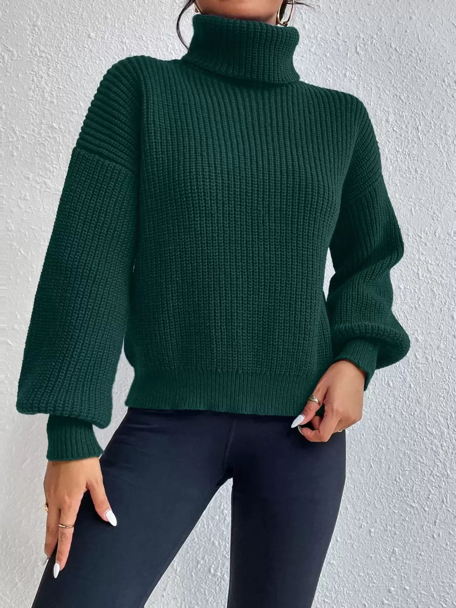 Wilhelmina Rib Knit Turtleneck Drop Shoulder Pullover Sweater - Beige