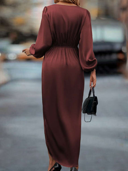 Bariloche Satin Wrap Maxi Dress with Lantern Sleeves