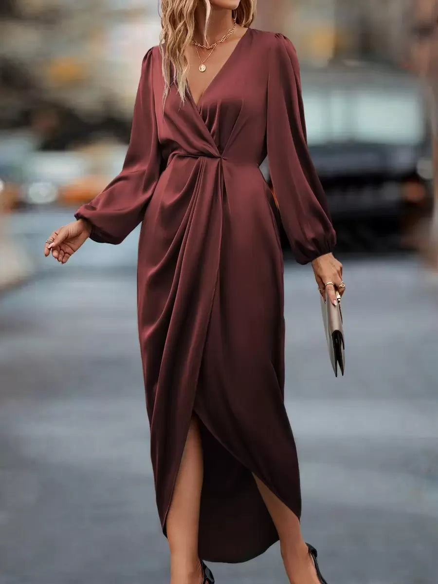 Bariloche Satin Wrap Maxi Dress with Lantern Sleeves