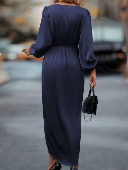 Bariloche Satin Wrap Maxi Dress with Lantern Sleeves