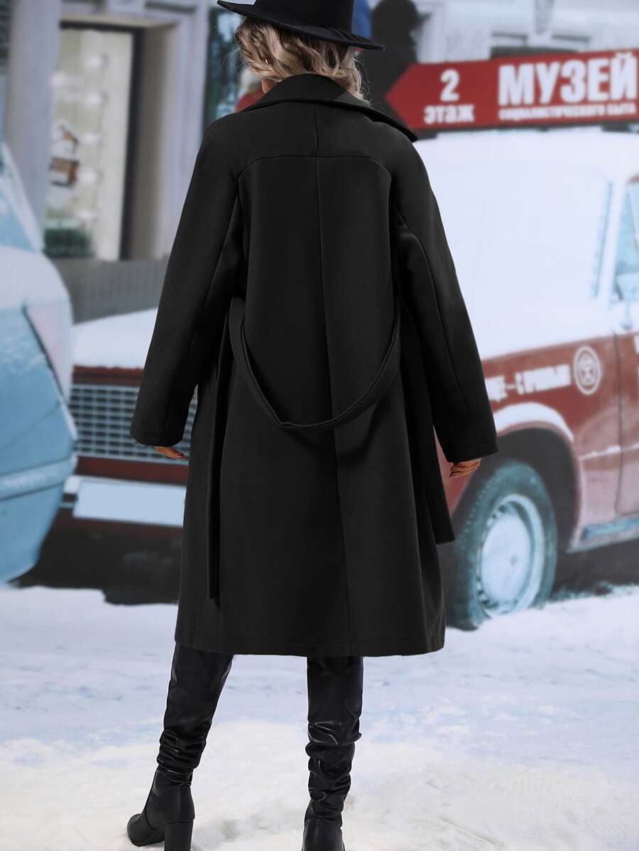Elspeth Double Breasted Belted Midi Coat with Lapel Collar - Black