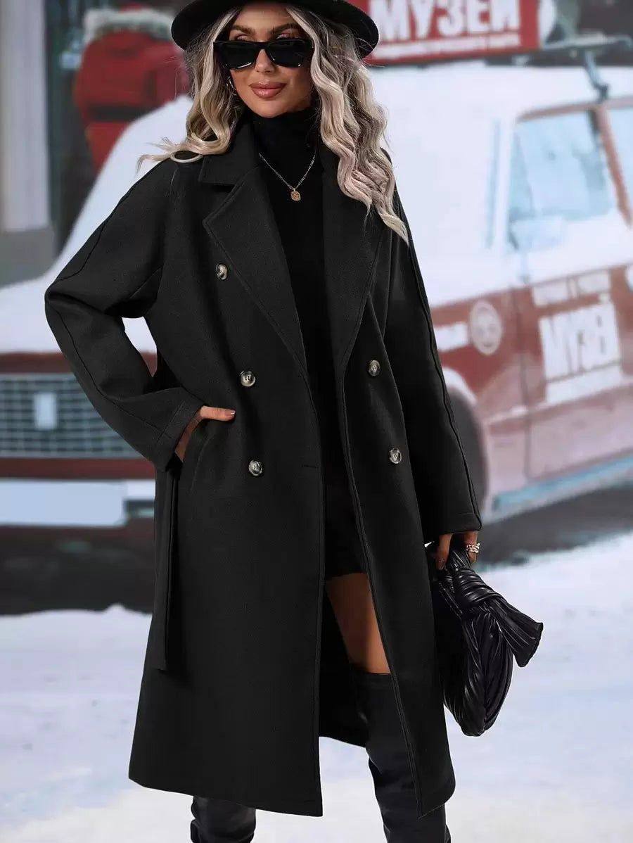 Elspeth Double Breasted Belted Midi Coat with Lapel Collar - Black