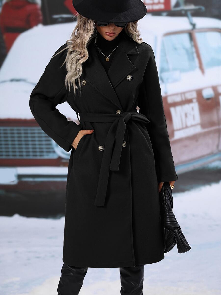 Elspeth Double Breasted Belted Midi Coat with Lapel Collar - Black