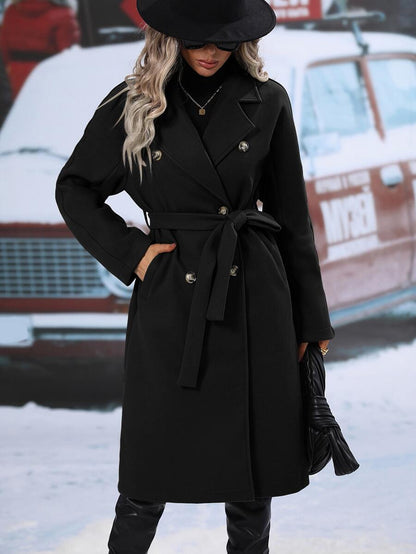 Elspeth Double Breasted Belted Midi Coat with Lapel Collar - Black