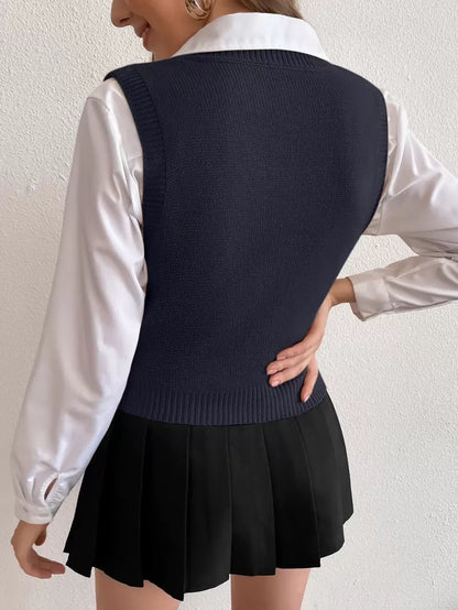 Winifred Classic Cable Knit V-Neck Sleeveless Sweater Vest - Navy