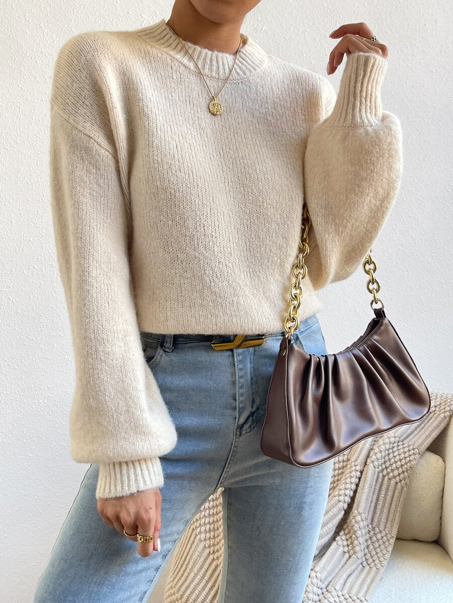 Viola Relaxed Mock Neck Sweater with Drop Shoulders - Oatmeal