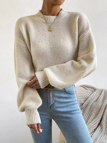 Viola Relaxed Mock Neck Sweater with Drop Shoulders - Oatmeal