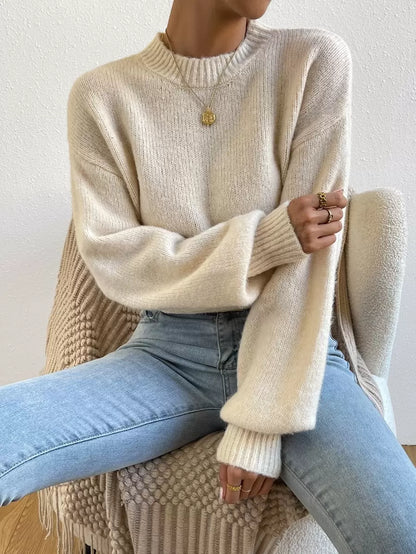 Viola Relaxed Mock Neck Sweater with Drop Shoulders - Oatmeal