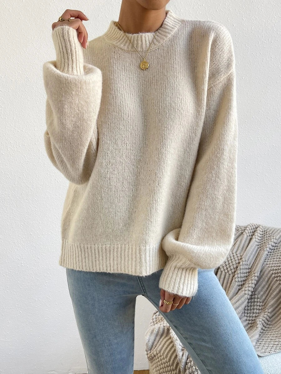 Viola Relaxed Mock Neck Sweater with Drop Shoulders - Oatmeal