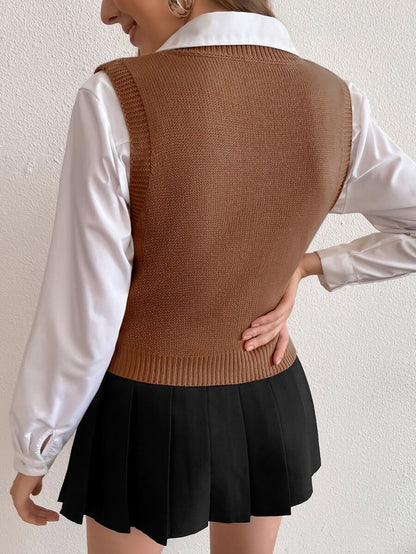 Winifred Classic Cable Knit V-Neck Sleeveless Sweater Vest - Cinnamon