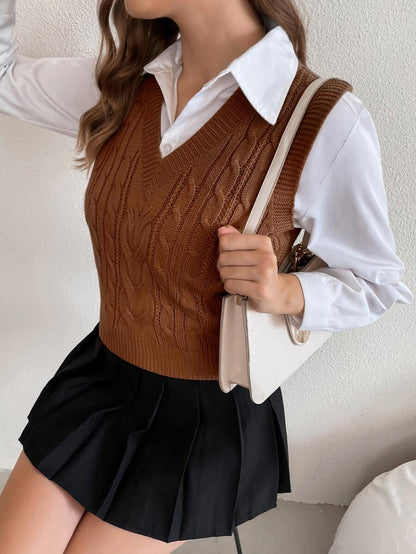 Winifred Classic Cable Knit V-Neck Sleeveless Sweater Vest - Cinnamon